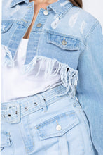 Load image into Gallery viewer, Distressed Denim Jacket with Frayed Hem
