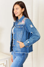 Load image into Gallery viewer, Leopard Distressed Denim Jacket

