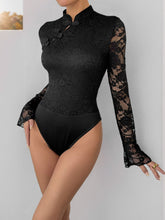 Load image into Gallery viewer, Black Lace Neck Long Sleeve Bodysuit
