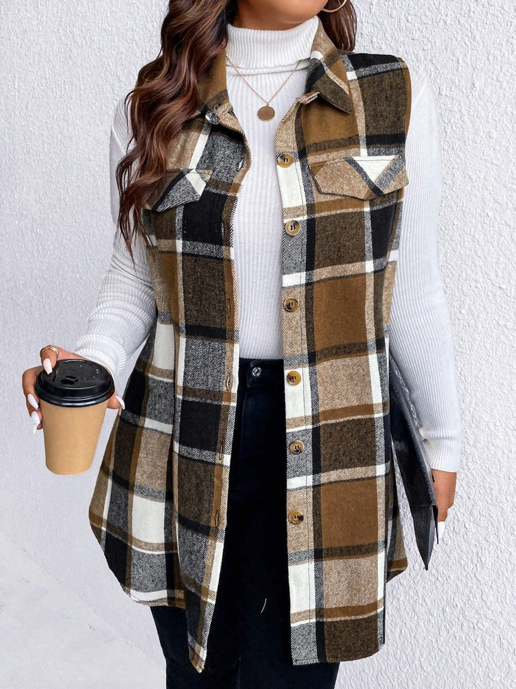 Sassy Pocketed Plaid Button Vest