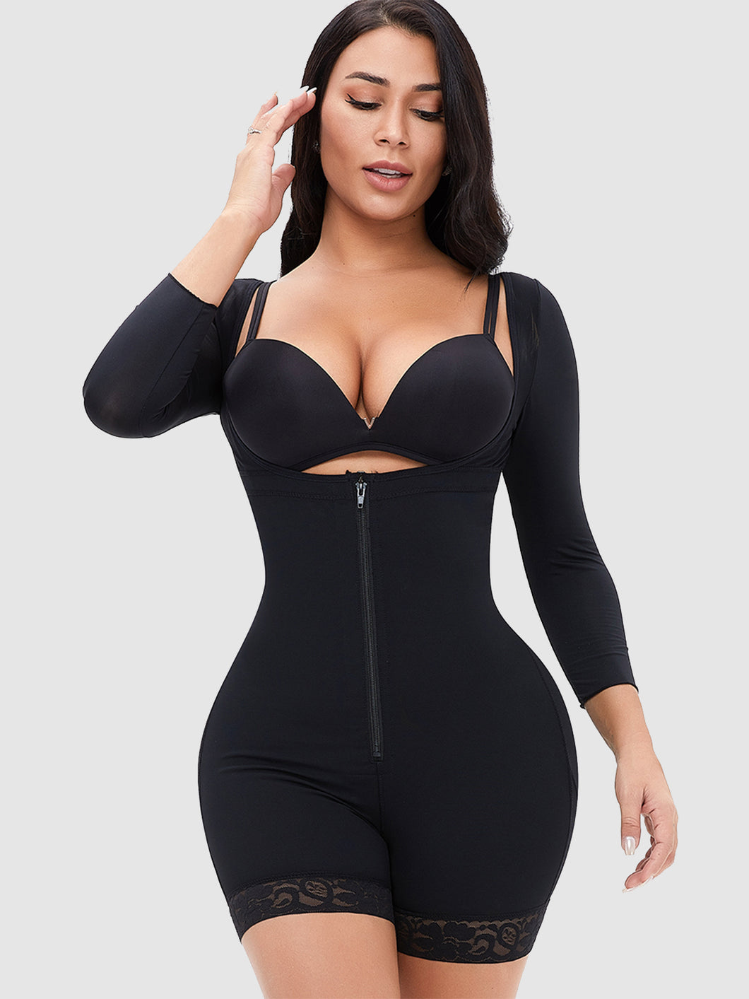 Full Size Zip Up Lace Long Sleeve Shapewear