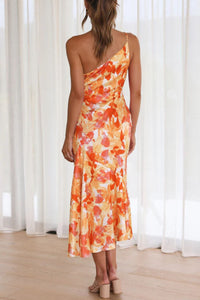 Sassy Orange Printed Single Shoulder Dress