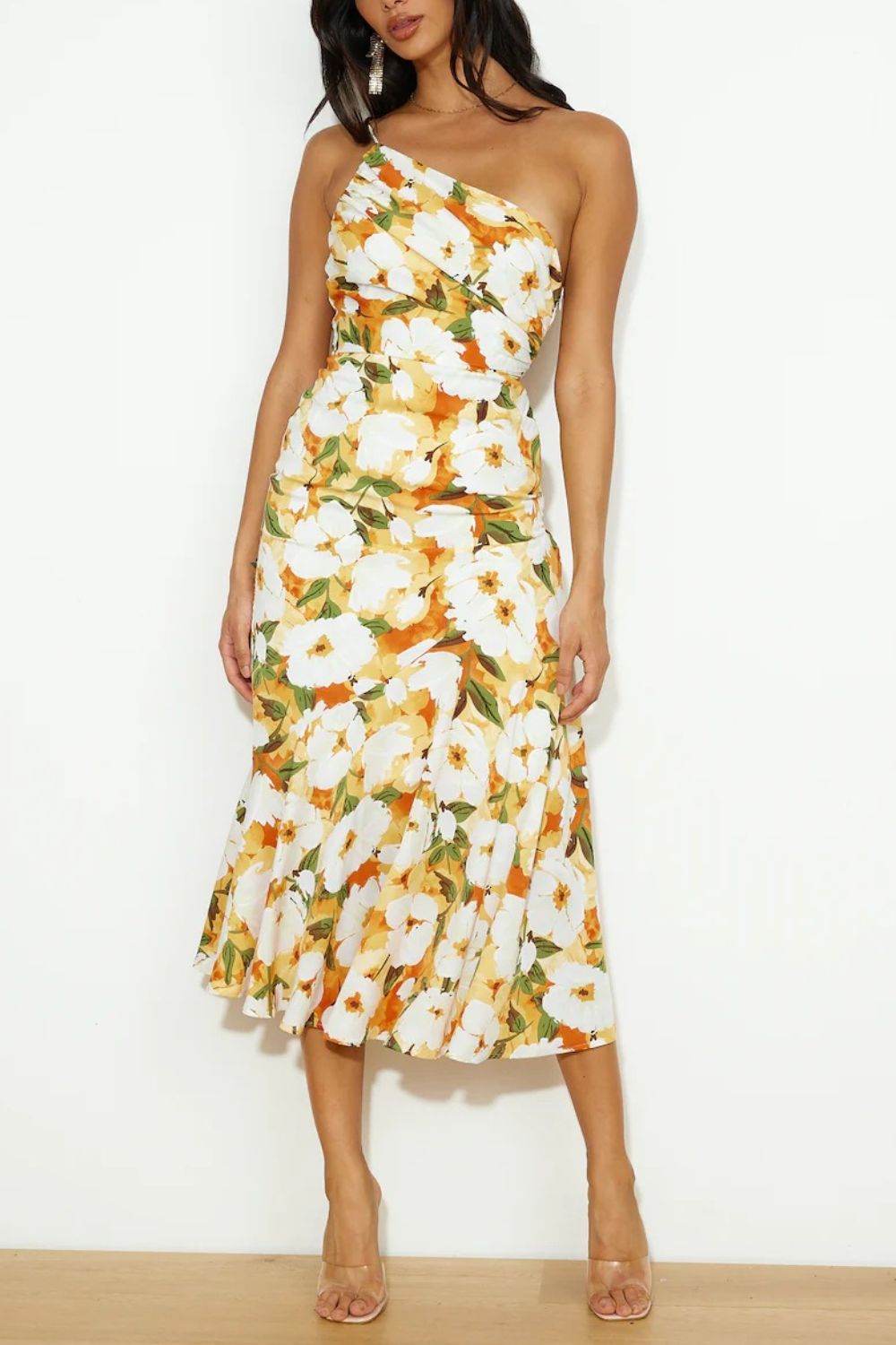 Sassy Gold Printed Single Shoulder Dress