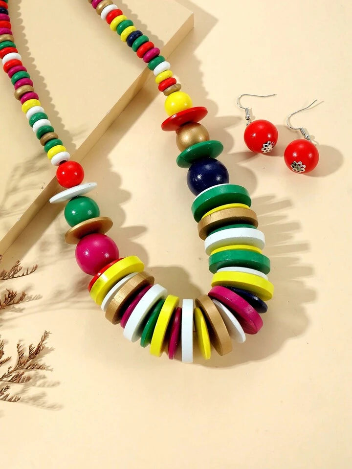 Colorful Wooden Necklace with Earrings