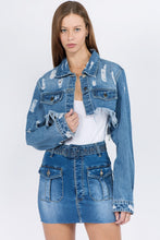 Load image into Gallery viewer, Distressed Denim Jacket with Frayed Hem
