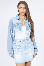 Load image into Gallery viewer, Distressed Denim Jacket with Frayed Hem
