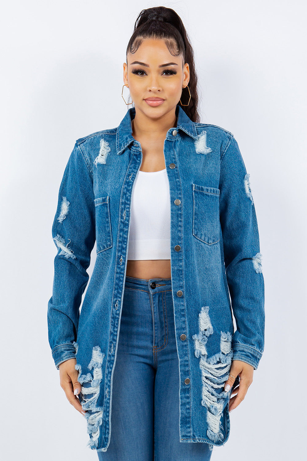 Distressed Long Sleeve Denim Jacket