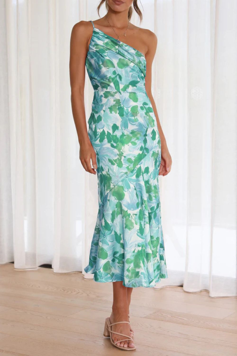 Sassy Teal Printed Single Shoulder Dress