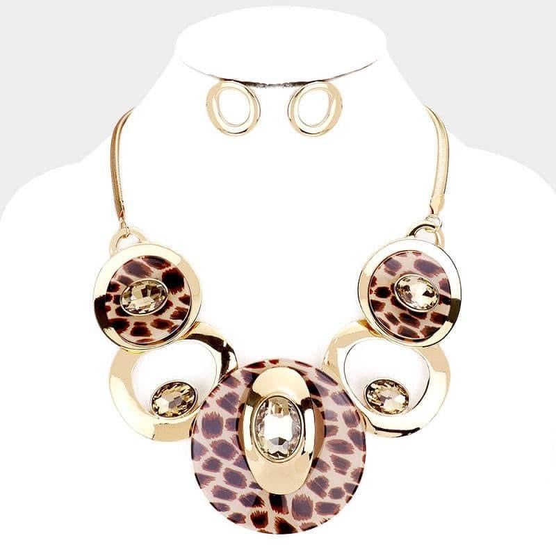 Brown Leopard Print Stone Fashion Statement Necklace