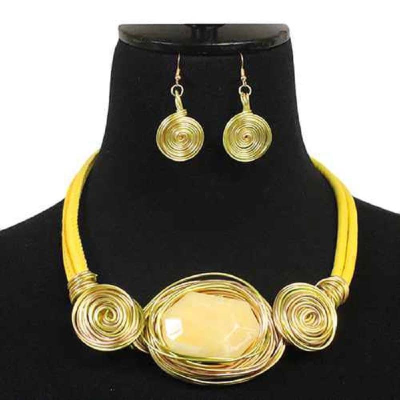 Yellow Leather Metal Coil Necklace