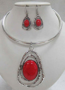 Silver Choker Necklace Red Oval Stone