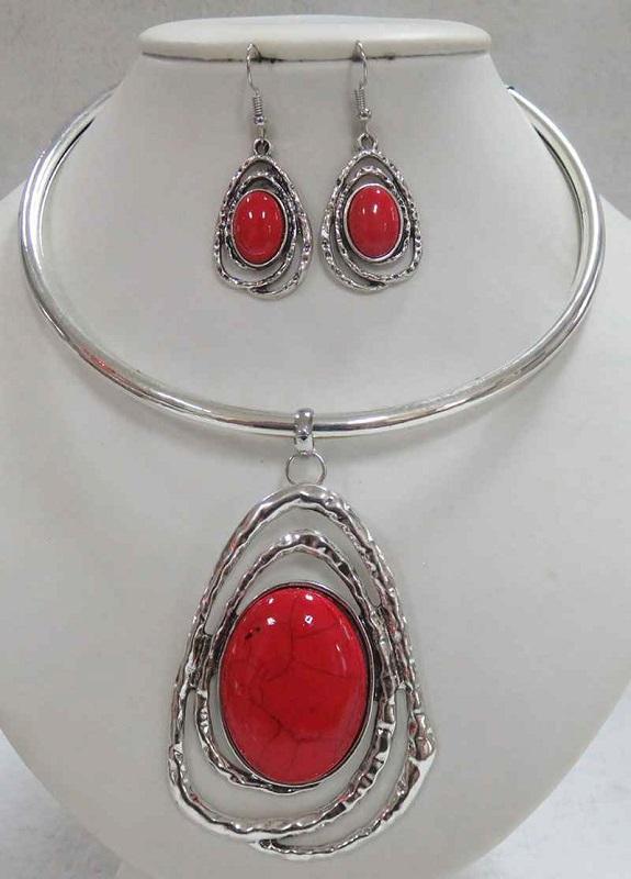 Silver Choker Necklace Red Oval Stone