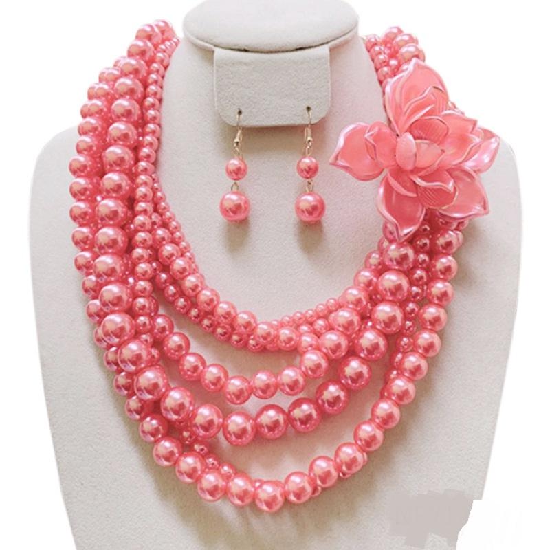 Pink Pearl Necklace with Flower