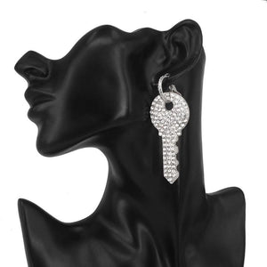 3" Silver Crystal Key Hoop Earrings