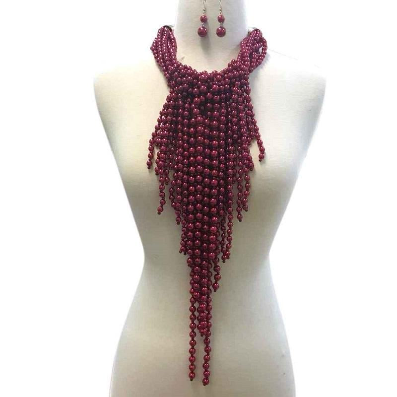 Red Pearl Beaded Fringe Fashion Necklace