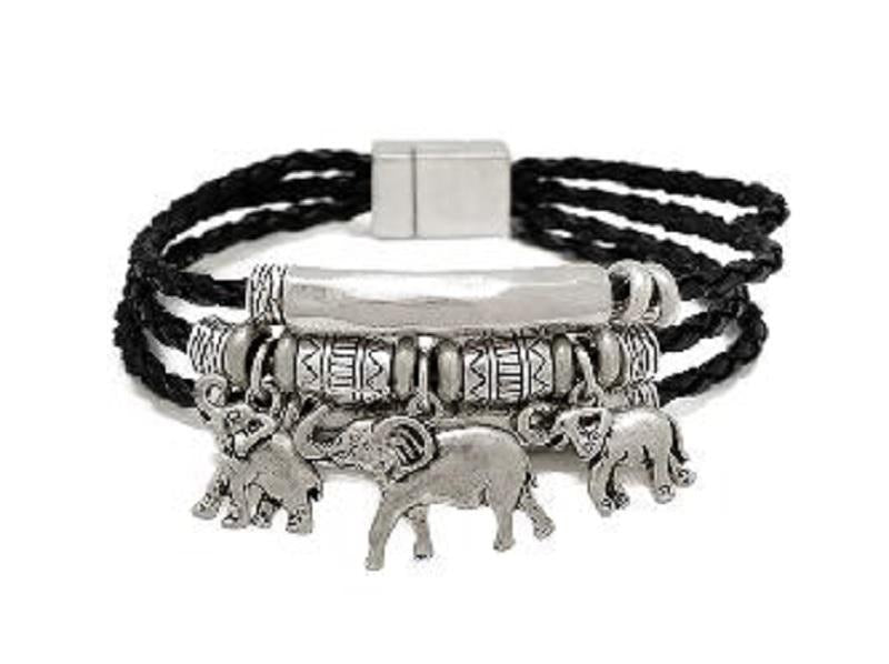 Sorority Black Leather Elephant Bracelet