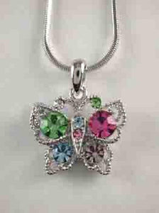 Silver Multi Color Rhinestone Butterfly Charm Necklace