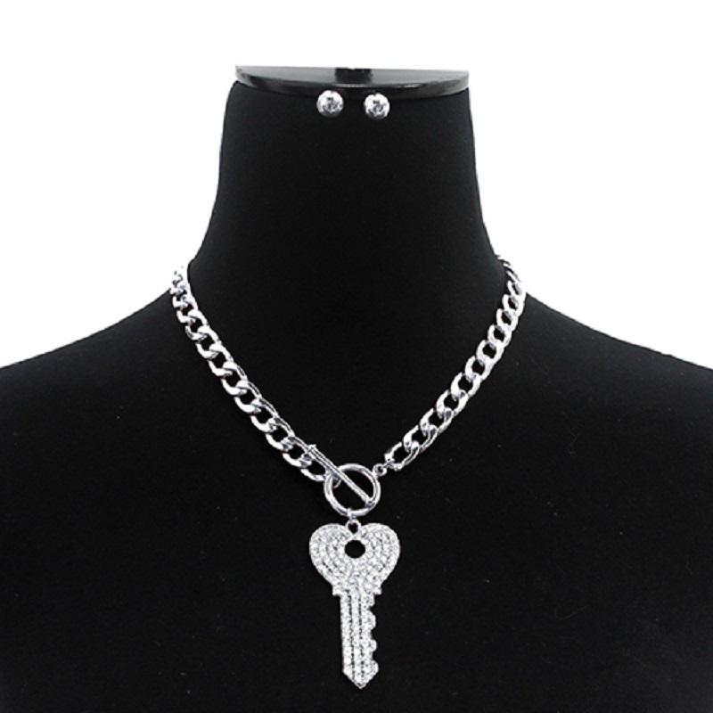 Silver Heart Sharp Key Charm Toggle Necklace