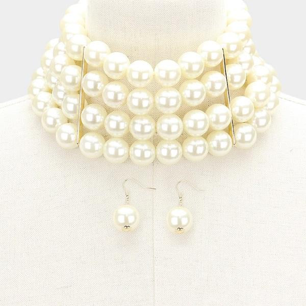 4 Strand Cream Pearl Statement Choker Necklace
