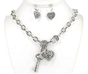 Silver Heart & Ket Lock Charm Necklace