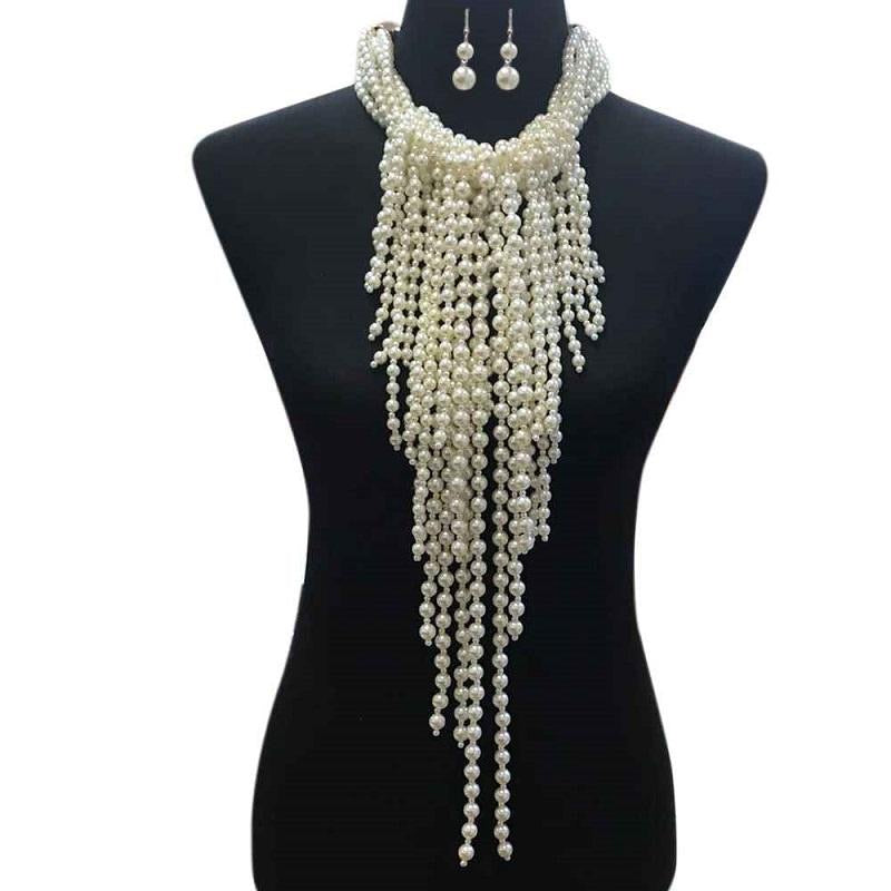 Cream Pearl Beaded Fringe Fashion Necklace